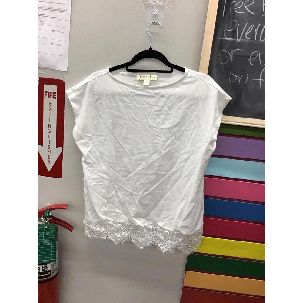 TWR HLL Christy Brinkley XS cap sleeve blouse white lace bottom new HSN